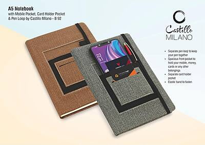 A5 Notebook With Mobile Pocket, Card Holder Pocket & Pen Loop By Castillo Milano