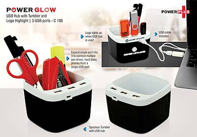Power Glow Usb Hub With Tumbler And Logo Highlight | 3 Usb Ports