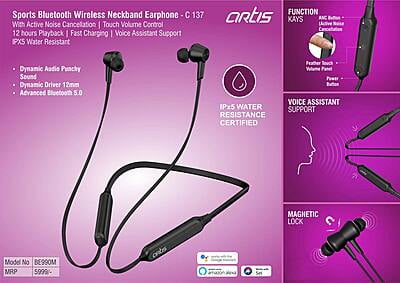 Artis Sports Bluetooth Wireless Neckband Earphone With Active Noise Cancellation | Touch Volume Control | 12 Hours Playback | Fast Charging | Voice Assistant Support | Ipx5 Water Resistant