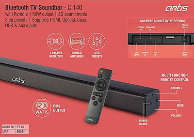 Artis Bluetooth Tv Soundbar With Remote | 60W Output | 3D Sound Mode | 3 Eq Presets | Supports Hdmi, Optical, Coax, Usb & Aux Inputs (Btx5)
