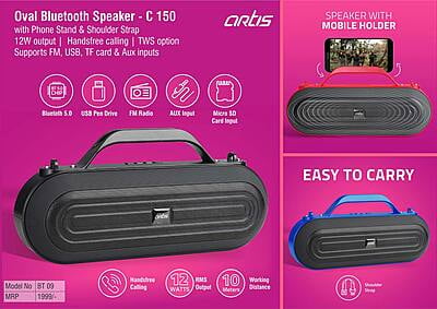 Artis Oval Bluetooth Speaker With Phone Stand & Shoulder Strap | 12W Output | Handsfree Calling | Tws Option | Supports Fm, Usb, Tf Card & Aux Inputs (Bt09)