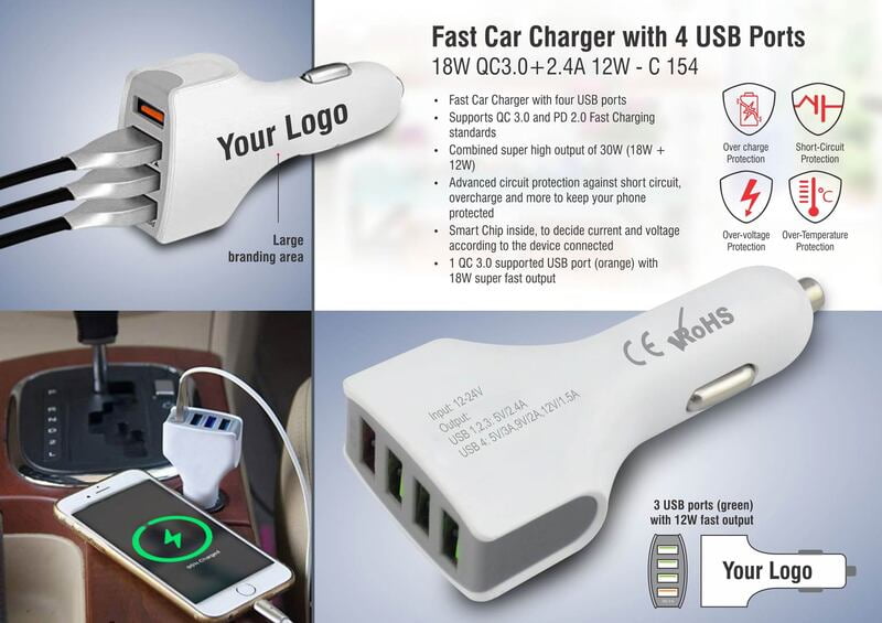 Fast Car Charger With 4 Usb Ports | 18W Qc3.0+2.4A 12W