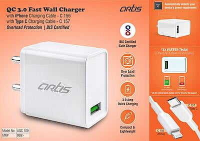 Artis Qc 3.0 Fast Wall Charger With Iphone Charging Cable | Overload Protection | Bis Certified