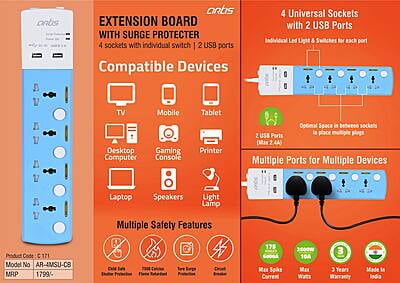 Artis Extension Board With Surge Protecter | 4 Sockets With Individual Switch | 2 Usb Ports
