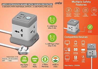 Artis Extension Board With Surge Protecter | 4 Sockets With Individual Switch | 3 Usb Ports (Type A & C)