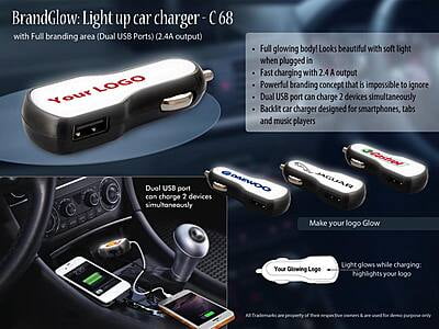 Brandglow: Light Up Car Charger With Full Branding Area (Dual Usb Ports) (2.4A Output)