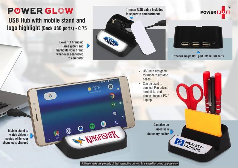 Power Glow Usb Hub With Mobile Stand And Logo Highlight (Back Usb Ports)