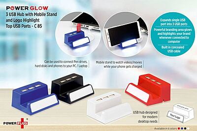 Power Glow 3 Usb Hub With Mobile Stand And Logo Highlight (Top Usb)