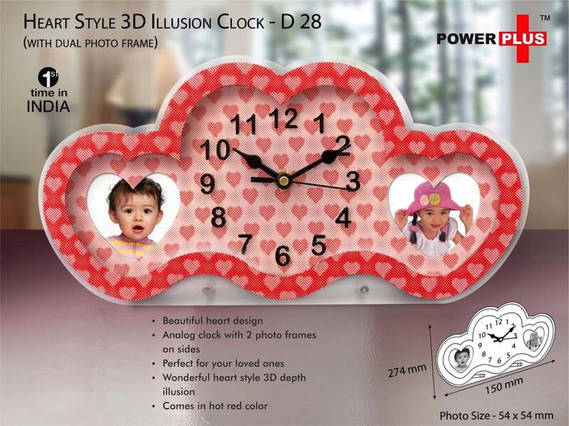 Heart Style 3D Illusion Clock With Dual Photo Frame