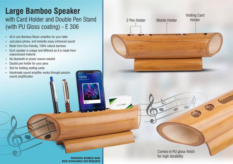 Large Bamboo Speaker With Card Holder And Double Pen Stand (With Pu Gloss Coating) Large Bamboo Speaker With Card Holder And Double Pen Stand (With Pu Gloss Coating)