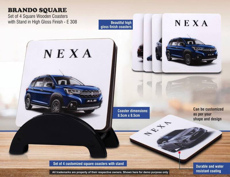 Brando Square: Set Of 4 Square Wooden Coasters With Stand In High Gloss Finish | Moq 100 Pcs
