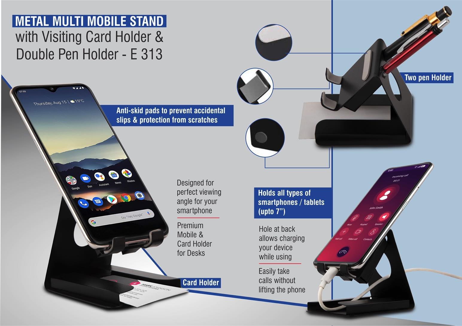 Metal Multi Mobile Stand With Visiting Card Holder And Double Pen Holder