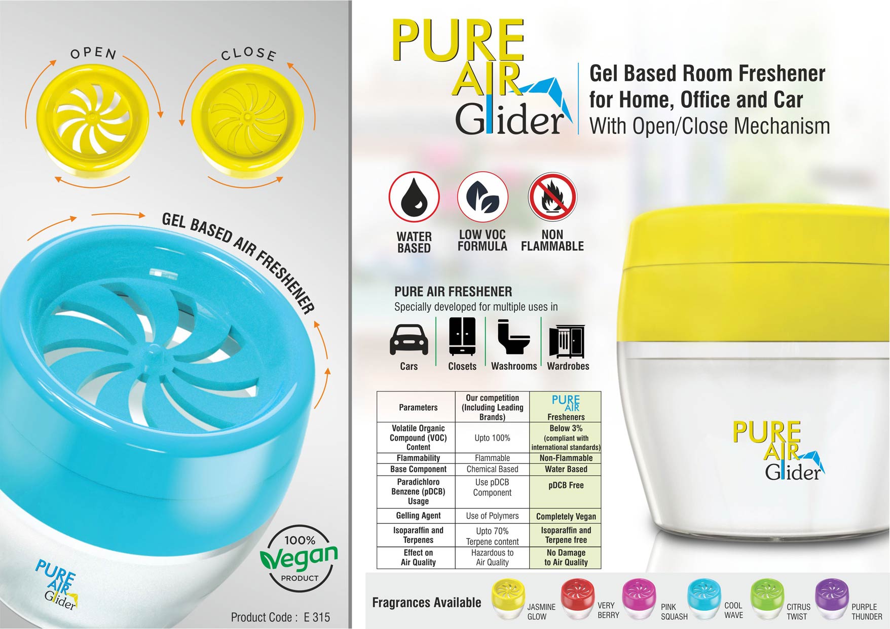 Pure Air Glider: Gel Based Room Freshener For Home, Office And Car | With Open/Close Mechanism | Net 125 Grams