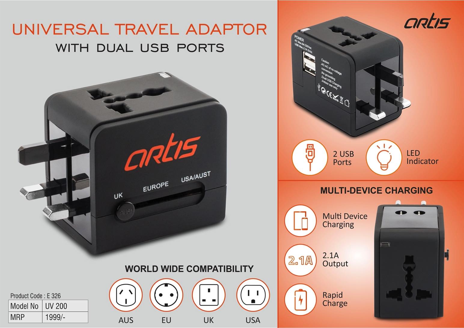 Artis Universal Travel Adaptor With Dual Usb Ports (Uv200)